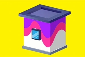 분홍색과 보라색 물결무늬로 장식된 작은 건물이 노란 배경에 그려져 있습니다