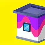 분홍색과 보라색 물결무늬로 장식된 작은 건물이 노란 배경에 그려져 있습니다