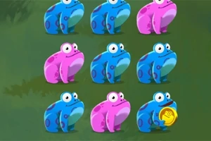 분홍색과 파란색 개구리가 3x3 배열로 배치되어 있으며, 한 개구리가 동전을 물고 있다