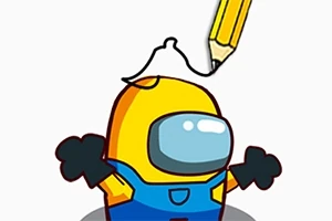 노란색과 파란색의 작은 만화 캐릭터 위에 연필로 선을 그리는 장면