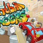 주방 조리대에서 빨간 장난감 자동차와 함께 그래피티 스타일의 텍스트가 있는 만화 이미지