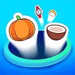 호박과 코코넛이 둥근 틀 안에 있고 시계와 컵케이크 이미지가 위로 떠오르고 있는 장면