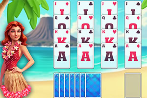 해변 배경에서 알로하 드레스를 입은 여성 옆에 카드를 배열한 모습