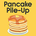 노란 배경 위에 팬케이크 더미가 쌓여 있고 맨 위에 버터와 시럽이 올려져 있다