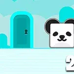 파랑 하늘을 배경으로 분홍색 돼지 얼굴과 흰색 팬더 얼굴 모양의 블록이 자물쇠 있는 문 앞에 놓여 있는 이미지