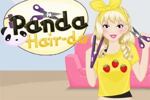 금발 머리를 한 여성이 노란 리본을 머리에 두르고 노란 딸기 셔츠를 입고 가위와 헤어 아이롱을 들고 있다