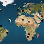 세계 지도가 배경으로 있으며, 여러 표식과 비행기 아이콘이 위치해 있습니다