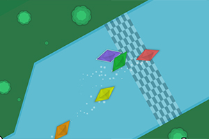 파란 강 위에 다양한 색상의 연 모양이 경주하는 장면