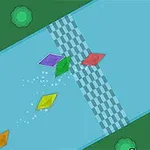 파란 강 위에 다양한 색상의 연 모양이 경주하는 장면