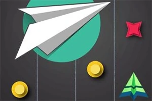 하얀 종이비행기가 녹색 원 위에 날아가고 있으며, 주변에 노란 동전과 빨간 별, 녹색 삼각형이 있는 이미지