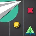 하얀 종이비행기가 녹색 원 위에 날아가고 있으며, 주변에 노란 동전과 빨간 별, 녹색 삼각형이 있는 이미지