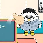 귀여운 작은 캐릭터가 교실에서 칠판 앞에 서 있는 모습