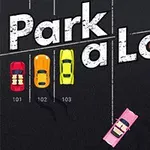 주차된 빨간, 주황, 노란 차와 움직이는 분홍색 차, 그리고 흰색과 노란색 글씨