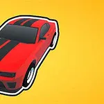 빨간색 차가 노란색 배경 위에 두 개의 검은 줄무늬로 장식되어 있는 모습