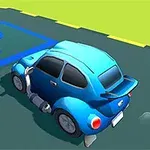 파란 자동차가 파킹 존에 주차되어 있는 모습