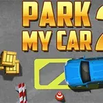 파란 자동차가 주차 공간에 주차되어 있으며 주변에는 상자와 교통 원뿔이 있습니다