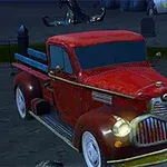 어두운 나무 배경의 묘지에 빨간 클래식 트럭이 주차되어 있으며, 주변에 무덤과 해골이 보입니다