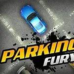 주차 공간에 파란색과 빨간색 자동차가 주차된 모습과 PARKING FURY라는 글자가 있는 이미지