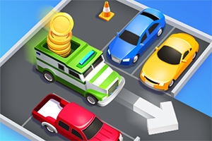 네모난 주차장에 파란색과 노란색 차, 빨간색 트럭, 녹색과 흰색의 화물차가 주차되어 있으며, 화물차 위에는 동전 더미가 있는 이미지