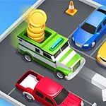 네모난 주차장에 파란색과 노란색 차, 빨간색 트럭, 녹색과 흰색의 화물차가 주차되어 있으며, 화물차 위에는 동전 더미가 있는 이미지