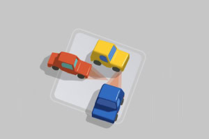 빨간색, 노란색, 파란색 자동차 세 대가 회색 배경 위 사각형 공간에 배치되어 있는 그림