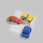 빨간색, 노란색, 파란색 자동차 세 대가 회색 배경 위 사각형 공간에 배치되어 있는 그림