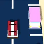 빨간 스트라이프가 있는 자동차가 파란색 도로를 달리고 있으며, 왼쪽 상단에는 좌회전 금지 표지판이 보입니다