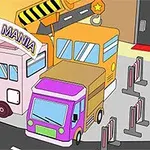 주차장에 서 있는 다양한 색상의 만화 스타일 차량들