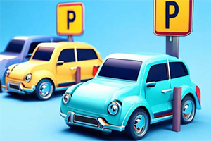 두 대의 장난감 자동차가 파란색과 노란색으로 펜싱된 주차장에 주차되어 있고, 주차를 알리는 P 표지판이 있는 모습