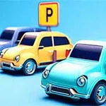 두 대의 장난감 자동차가 파란색과 노란색으로 펜싱된 주차장에 주차되어 있고, 주차를 알리는 P 표지판이 있는 모습