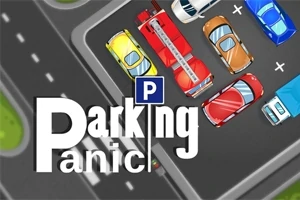 다양한 차량들이 빽빽하게 주차된 주차장의 모습과 Parking Panic이라는 문구