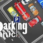 다양한 차량들이 빽빽하게 주차된 주차장의 모습과 Parking Panic이라는 문구