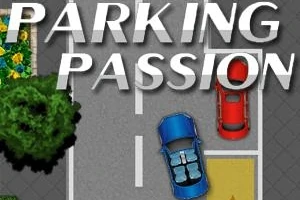 도로 위 주차장에 파란색과 빨간색 자동차가 주차되어 있으며, 위쪽에는 PARKING PASSION이라는 텍스트가 있는 이미지