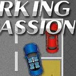 도로 위 주차장에 파란색과 빨간색 자동차가 주차되어 있으며, 위쪽에는 PARKING PASSION이라는 텍스트가 있는 이미지