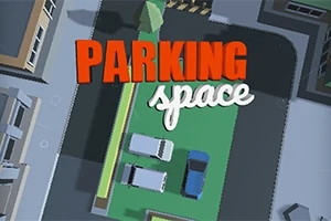 파란색과 흰색 차량이 주차된 주차장 위에 PARKING space 글자가 있는 이미지