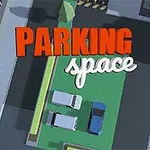 파란색과 흰색 차량이 주차된 주차장 위에 PARKING space 글자가 있는 이미지