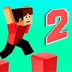 픽셀 스타일의 캐릭터가 붉은 블록 위를 뛰어넘고 있으며, 오른쪽에는 숫자 2가 크게 보입니다