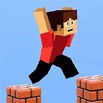 픽셀 스타일의 캐릭터가 붉은색 옷을 입고 공중에서 벽돌 기둥 사이를 점프하고 있다