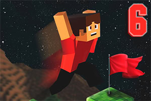 픽셀 그래픽의 인물 캐릭터가 붉은 깃발이 있는 녹색 블록을 향해 점프하고 있으며, 오른쪽 상단에 숫자 6이 표시되어 있다