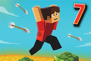 픽셀 스타일의 캐릭터가 하늘을 배경으로 뛰어가는 모습과 화살이 날아가는 장면