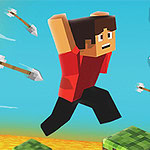 픽셀 스타일의 캐릭터가 하늘을 배경으로 뛰어가는 모습과 화살이 날아가는 장면