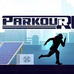 파쿠르를 하는 사람의 실루엣과 도시 풍경을 배경으로 한 파쿠르 주제의 그래픽