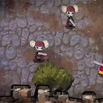 돌벽 배경 위에 고양이와 쥐 전사들이 칼을 들고 있는 장면