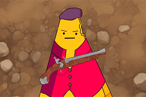 빨간 옷과 모자를 쓴 캐릭터가 총을 들고 있는 모습