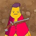 빨간 옷과 모자를 쓴 캐릭터가 총을 들고 있는 모습