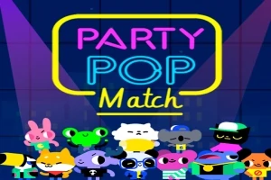 파란 배경 앞에 다양한 동물 캐릭터들이 모여 있고, 위쪽에 PARTY POP Match라는 네온 글자가 쓰여 있다