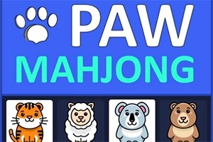 파란 배경에 PAW MAHJONG이라는 글자와 함께 호랑이, 양, 곰 등이 그려진 귀여운 동물 캐릭터 아이콘이 배열되어 있습니다