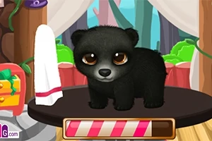 귀여운 검은색 아기 곰이 방 안 테이블 위에 서 있다