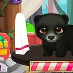 귀여운 검은색 아기 곰이 방 안 테이블 위에 서 있다