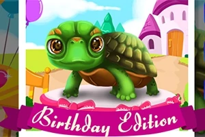 녹색 거북이가 생일 케이크 위에 서 있고 배경에는 동화 같은 집이 있으며, 아래에는 Birthday Edition이라는 글자가 있습니다